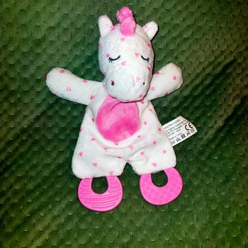 Doudou plat licorne blanc ZDT Action coeurs roses anneau dentition