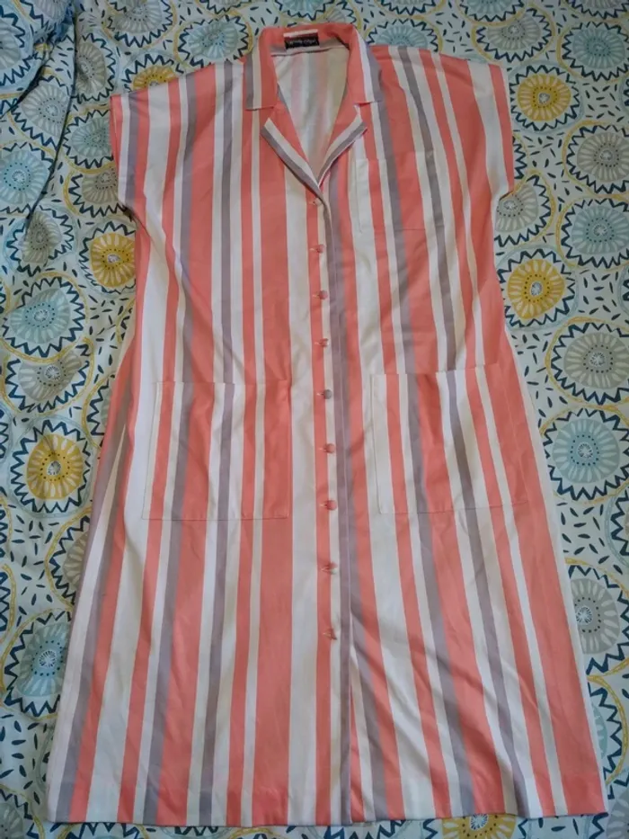 Robe rayée rayures printemps été corail gris vintage bouton - photo numéro 2