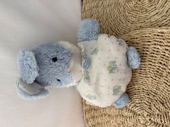 Doudou peluche lapin bleu et blanc Boulgom, Vintage