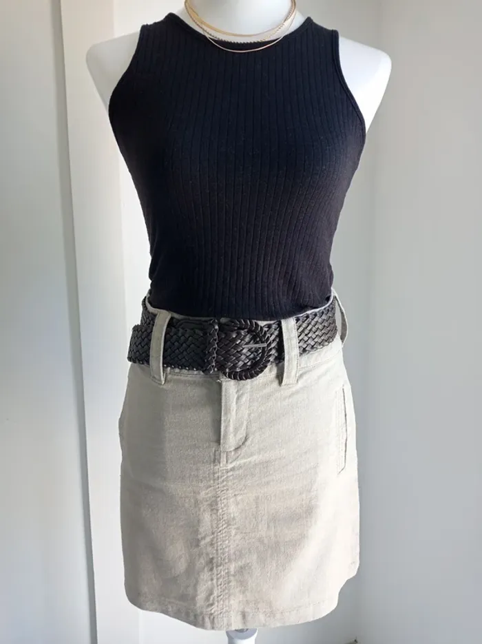 Magnifique jupe en lin et coton beige taupe avec ceinture tressée marron chocolat T.34 Morgan