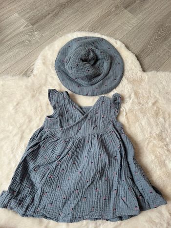 Ensemble chapeau robe gaz coton 9-12 mois bébé fille