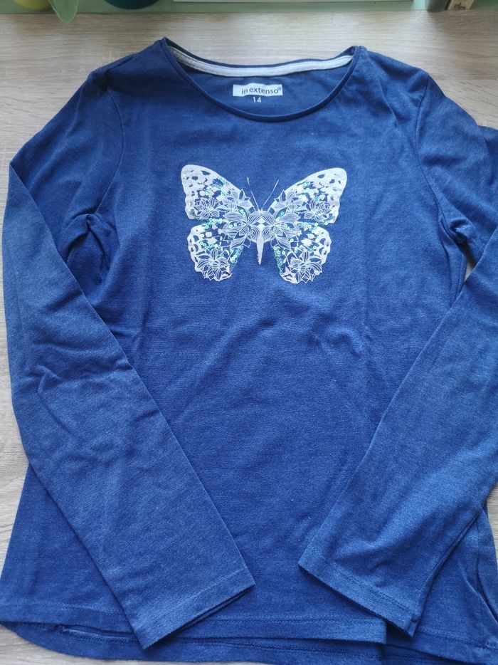 T-shirt manches longues bleu motif papillon In Extenso - photo numéro 2