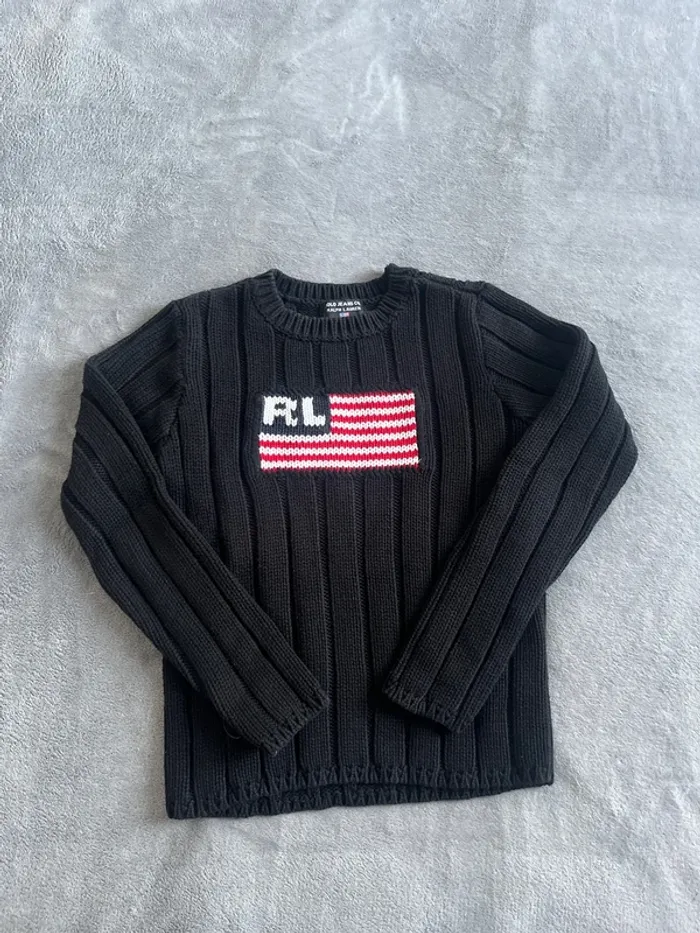 Pull noir Ralph Lauren USA Flag – côtelé Y2K – Taille XS femme