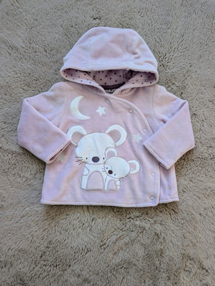 Veste bébé fille 6 mois – lila clair – motif ourson lune – capuche doublée étoiles – très bon état