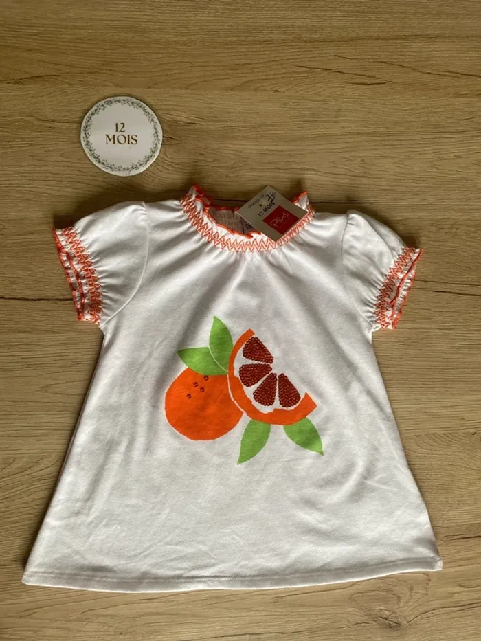 Tee shirt blanc manche courte couture orange bébé fille 12 mois Plus collection