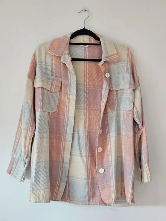 Veste chemise à carreaux pastel rose bleue et blanche/crème New Collection taille 38 / M - photo numéro 2