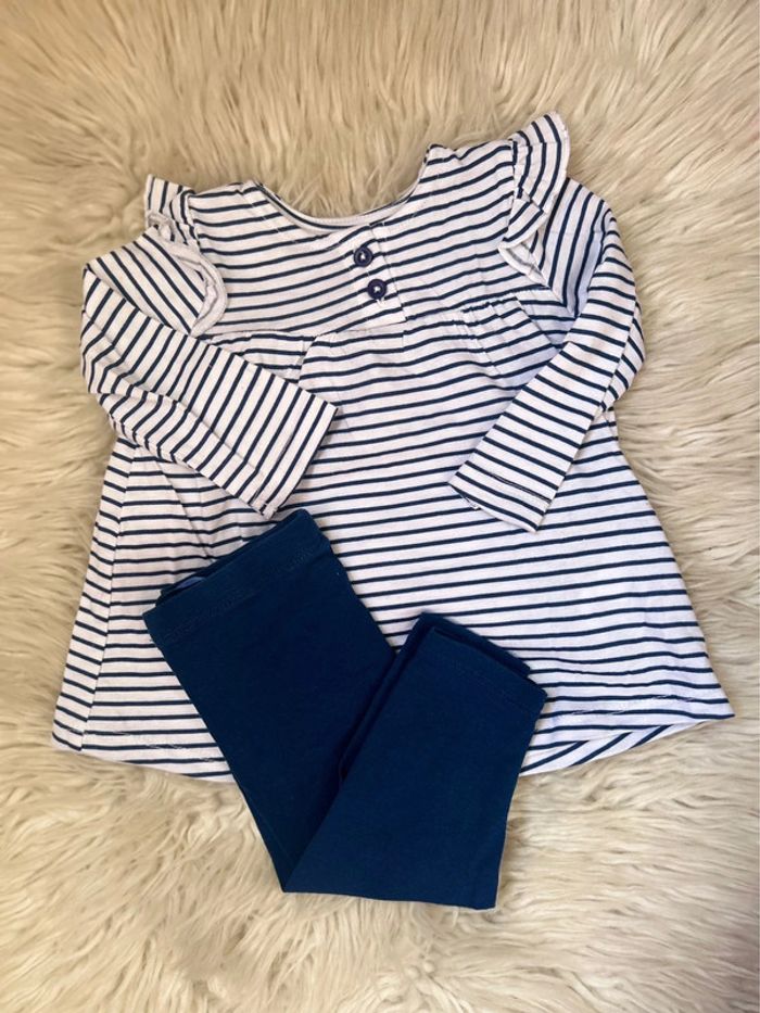 Fille 👧🏻 Ensemble tunique marinière marine/blanc + legging bleu - kimbaloo 6 mois