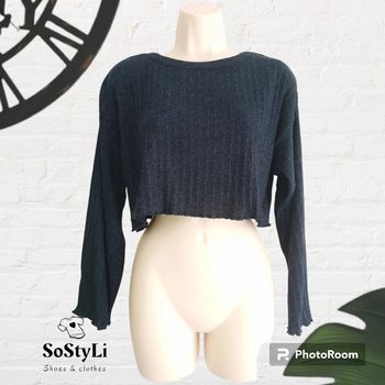 Pull en tricot côtelé crop bleu marine Pull & Bear Taille S