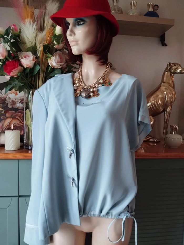 🌹 Ensemble Veste & Top Bleu Pastel Strass & Satin Gérard Pasquier T46/48 Un Petit Défaut🌹 - photo numéro 20