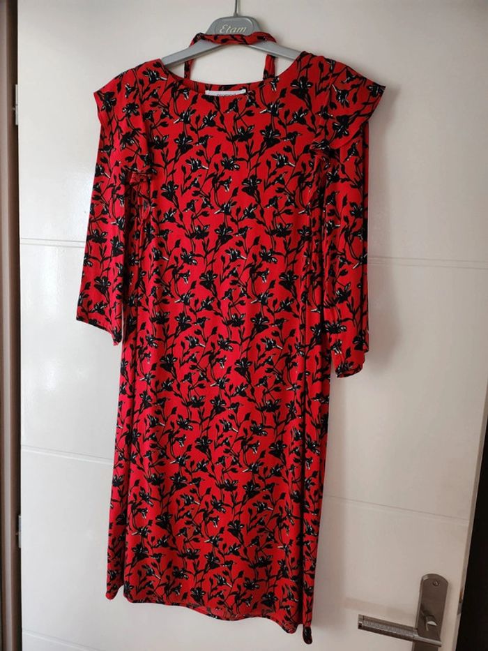 Robe fluide volants rouge noir fleurs Promod - photo numéro 3