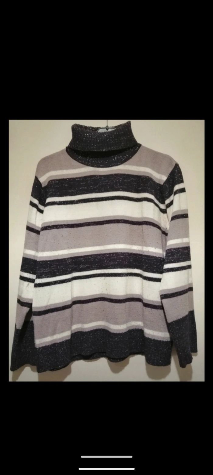 Pull col roulé vintage Women Only à rayures violet. Taille XL - photo numéro 2
