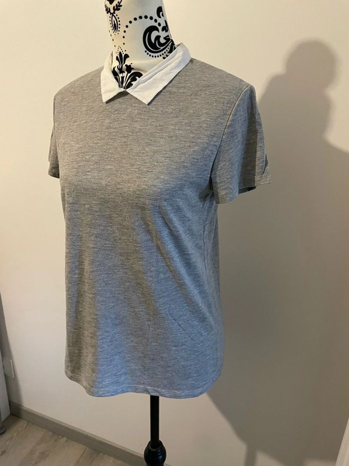 T-shirt à manches courtes gris extensible col chemise blanc taille 40 - photo numéro 3