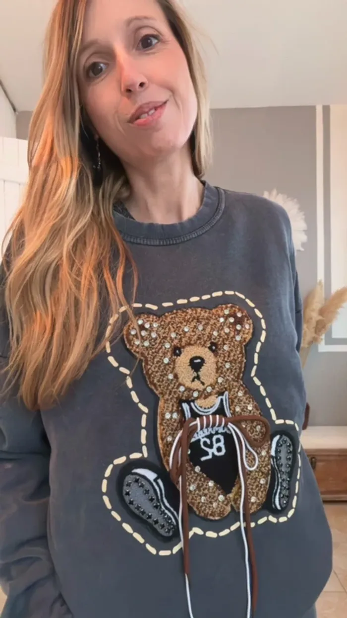 Sweat gris foncé noir ourson et strass Taille unique - photo numéro 6