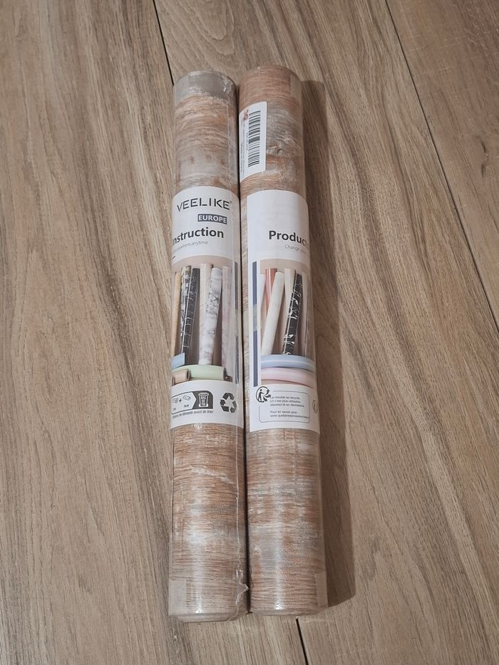 Lot 2 rouleaux papier peint autocollant mur et meuble chambre salle de bain bois marron gris