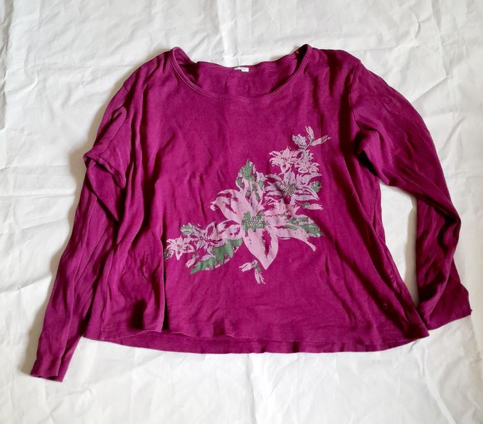 Tee shirt à manches longues femme violet avec un motif floral BlanchePorte taille 46/48 en coton