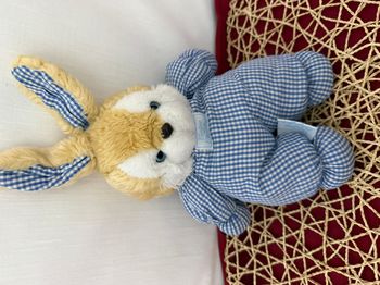 Peluche lapin TARTINE ET CHOCOLAT vintage bleu carreaux blanc