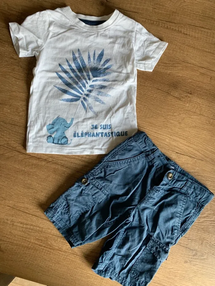 Ensemble 2 pieces été t-shirt mc short Kiabi mot d’enfant éléphant 3 ans parfait état