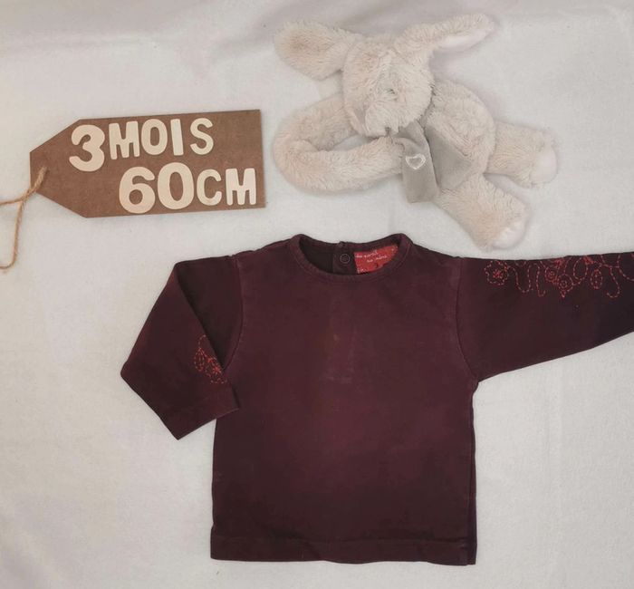 Tee-shirt 👣 manches longues,  bordeaux, du pareil  au même,  3mois/60cm
