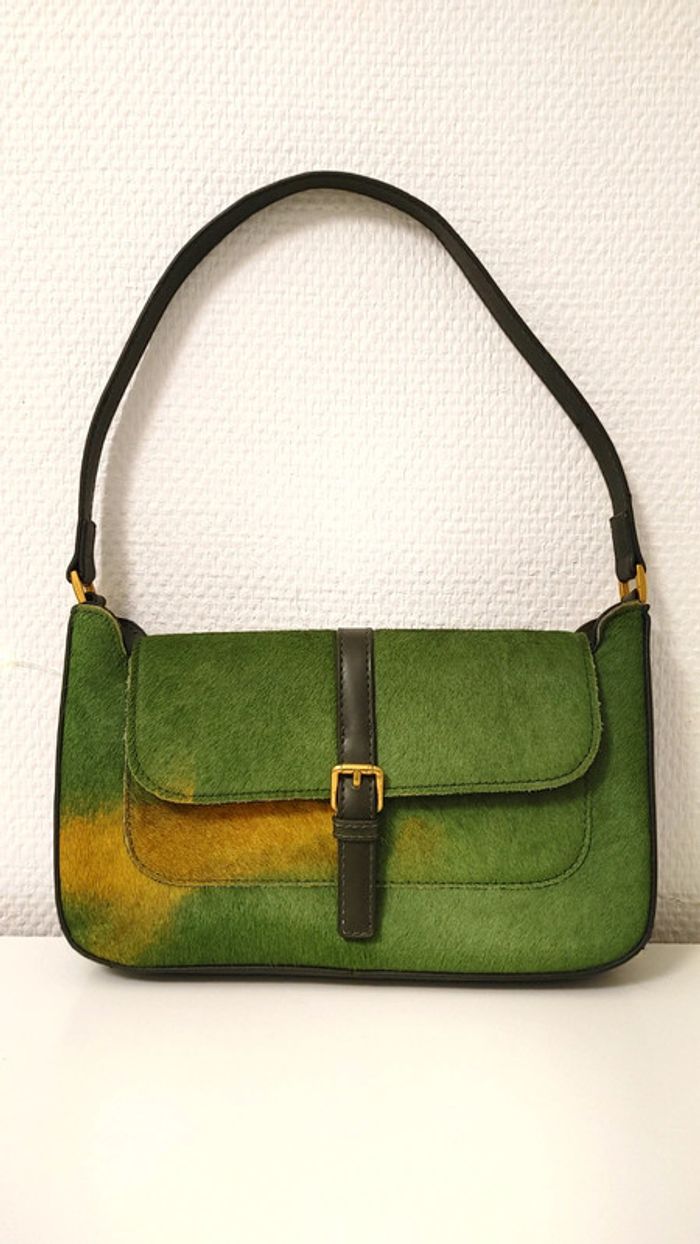 Sac en cuir véritable porté épaule crin de cheval vert jaune - photo numéro 4