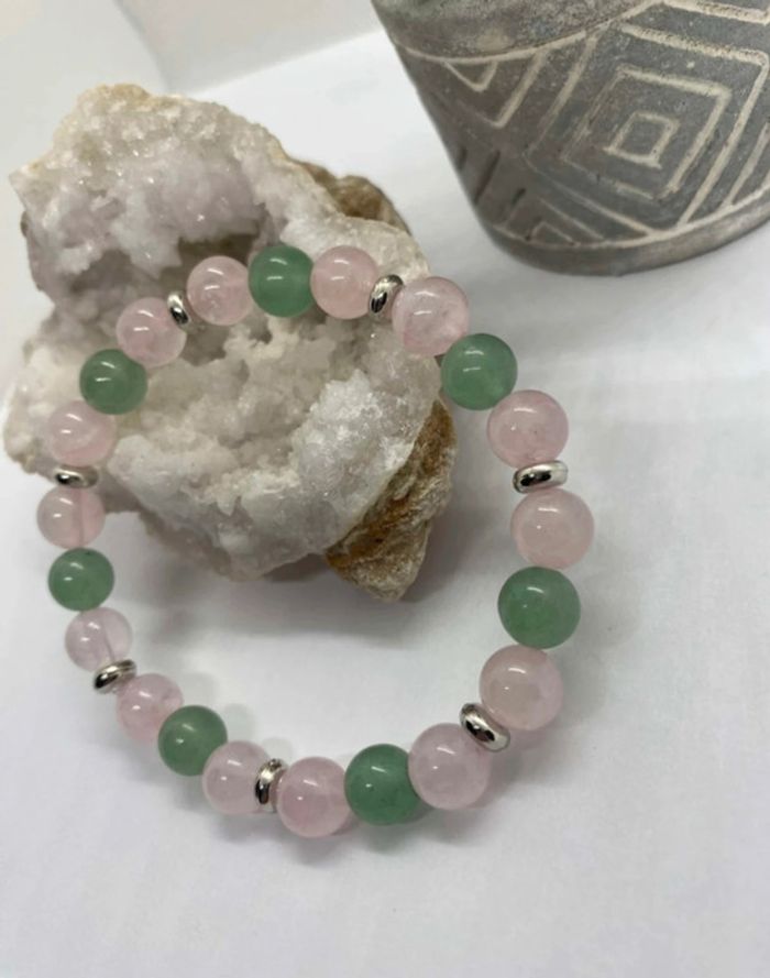 Bracelet aventurine verte et quartz rose 19 cm , lithothérapie - photo numéro 5