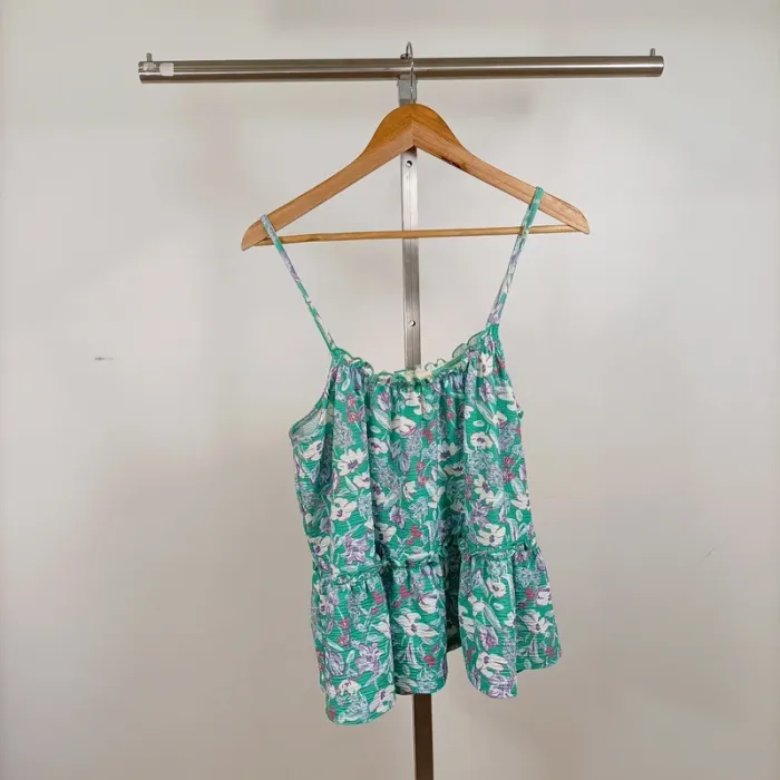 Top à bretelles fleuri vert CMT Atelier T38 imprimé floral léger coton été volanté A1263