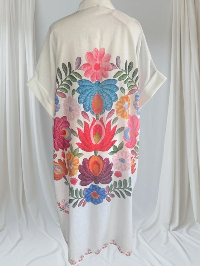 Magnifique robe chemise coton effet lin blanc fleuris multicouleurs taille 42/46 grande taille - photo numéro 2