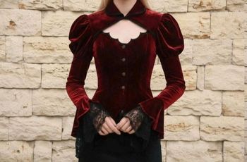 Blouse manches longues élégante en velours bordeaux avec dentelle noire décolletée sexie taille M/38 style Vicorian Y2K 