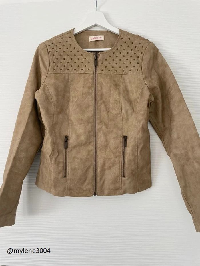 Veste perfecto classe similicuir beige marron camel avec poches et strass fermeture éclair