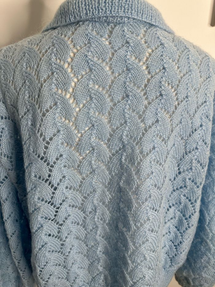 Cardigan en crochet tricot maille ajourée bleu ciel Vintage T42 XL - photo numéro 8