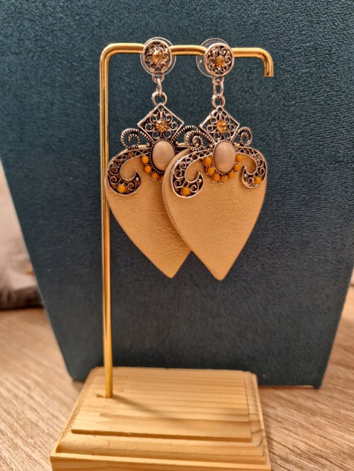 Boucles D'oreilles Boheme Cuirs Beige - photo numéro 3