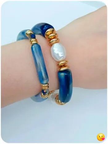 Lot 2 bracelets élastiques bleu et doré – style chic & tendance