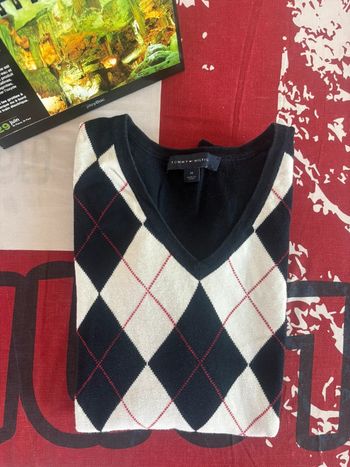 Sweat en col V Tommy Hilfiger taille M blanc à carreau bleu marine et rouge