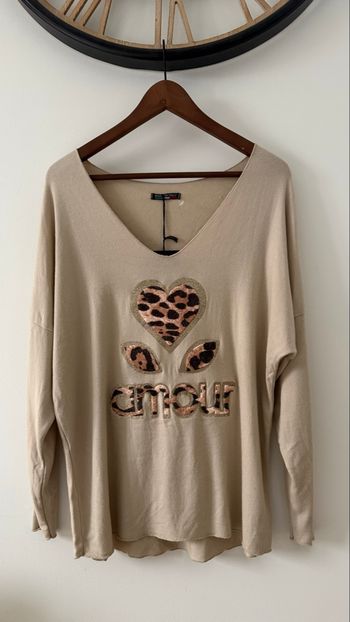 Pull col V cœur léopard amour doré TU