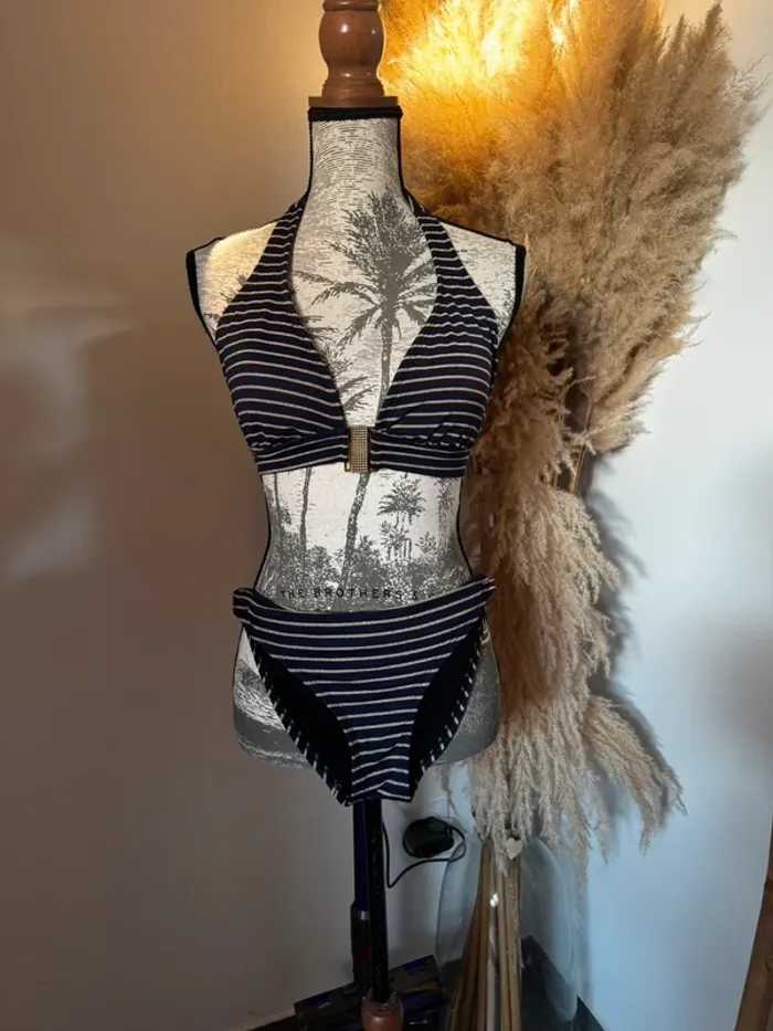 Bikini bleu marine rayé doré - photo numéro 2