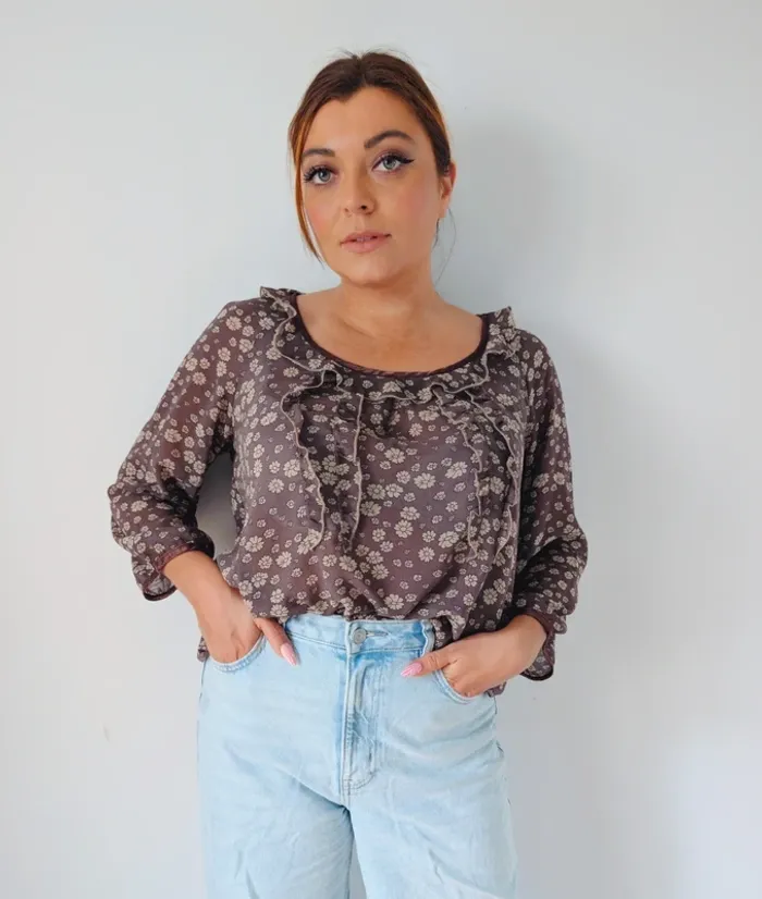Blouse légère transparentes à volant ample fluide gris beige fleuri style bohème 1 23 taille 40