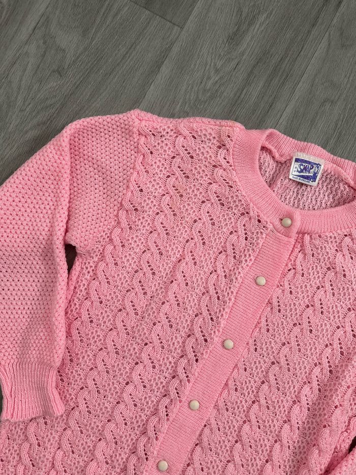 Cardigan en laine rose bonbon mailles torsades Vintage T44 XXL - photo numéro 2