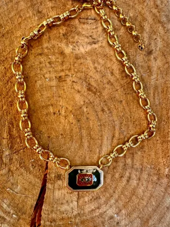 Gros collier  maillons épais large médaille grigri œil acier inoxydable or habaha Paris