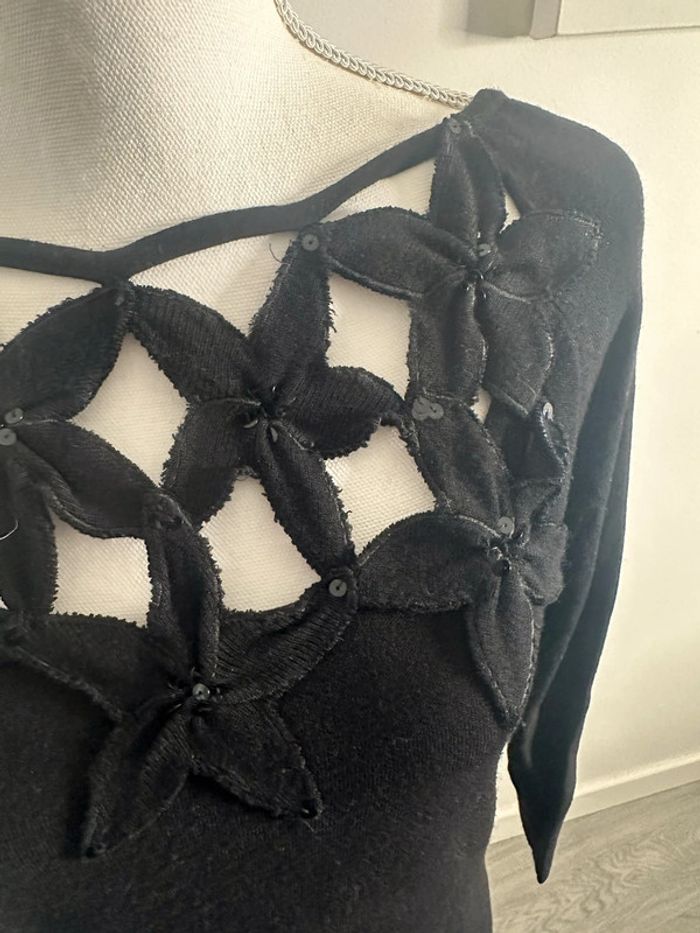 Pull noir ajouré broderies fleurs 3 Suisses Vintage T38/40 M/L - photo numéro 2