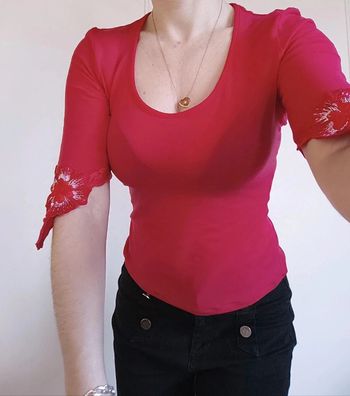 💗haut femme sexy chic rouge rose fushia avec brodé fleur t s 36 made in Italy malizia by la perla