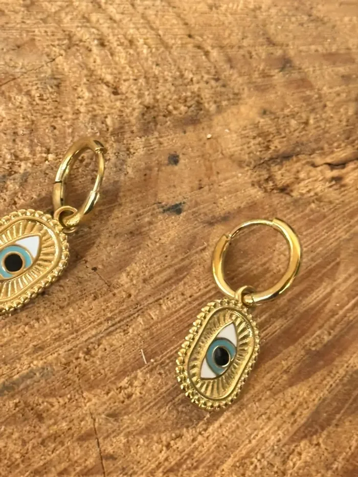 Boucles d’oreilles  mile Mila acier inoxydable or petites créoles médailles œil bleu - photo numéro 4