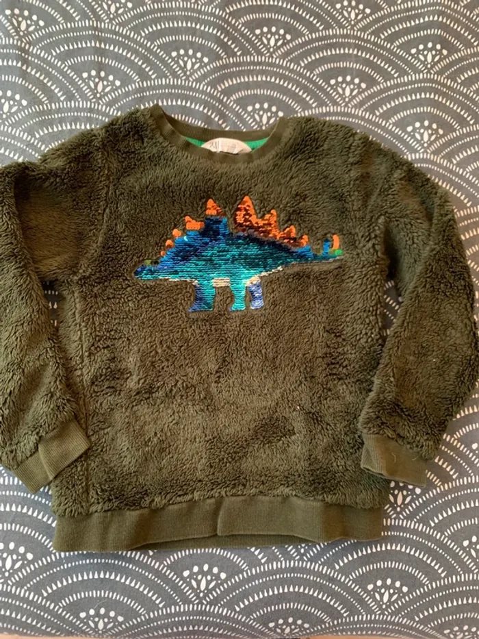 Pull chaud dinosaure sequins taille 6/8 ans