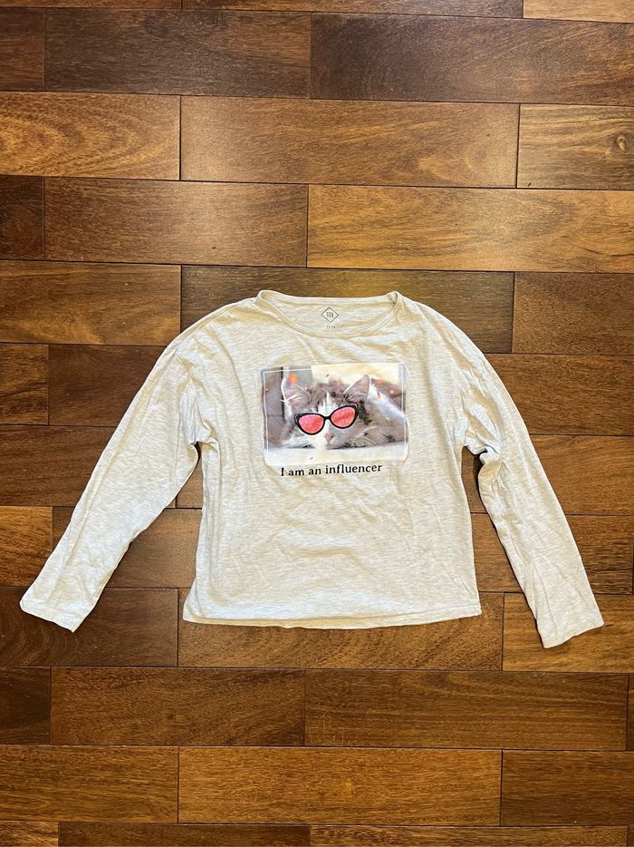 t-shirt manches longues gris chat 11-12 ans tex