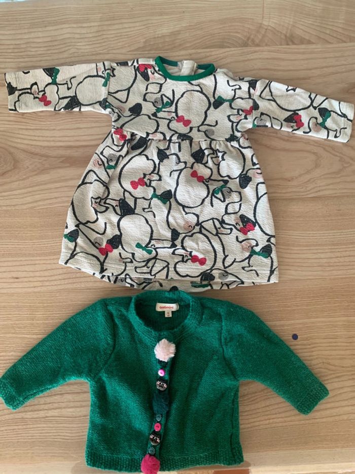Très joli ensemble robe + gilet chiens et chats catimini 6 mois