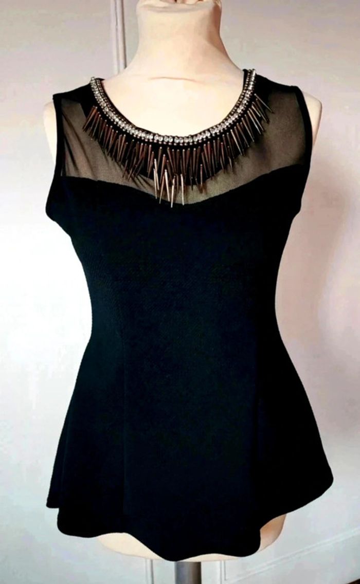 💎haut top sexy cintré évasé péplum avec encolure bijoux rare 2000 y2k noir et doré - photo numéro 2