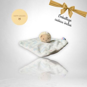 Doudou carré mouton blanc et bleu rayures SUcre d'orge DP160