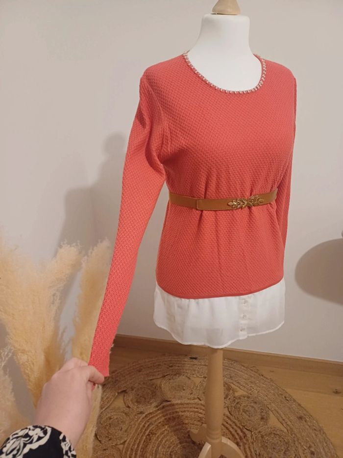 Pull chic rose/Corail avec Perles Anne Weyburn taille L 40 - photo numéro 7