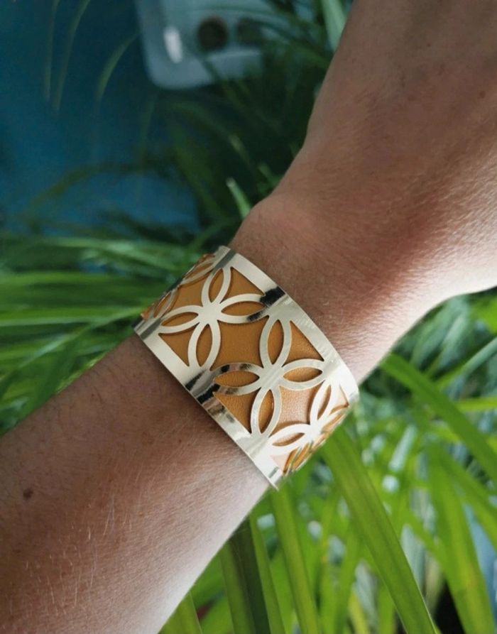 A15 bracelet manchette jonc acier inoxydable cuir reversible ajustable - photo numéro 3