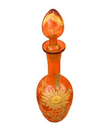 Années 1900'  Carafe à liqueur Verre ambre soufflé et émaillé  Décor tournesol