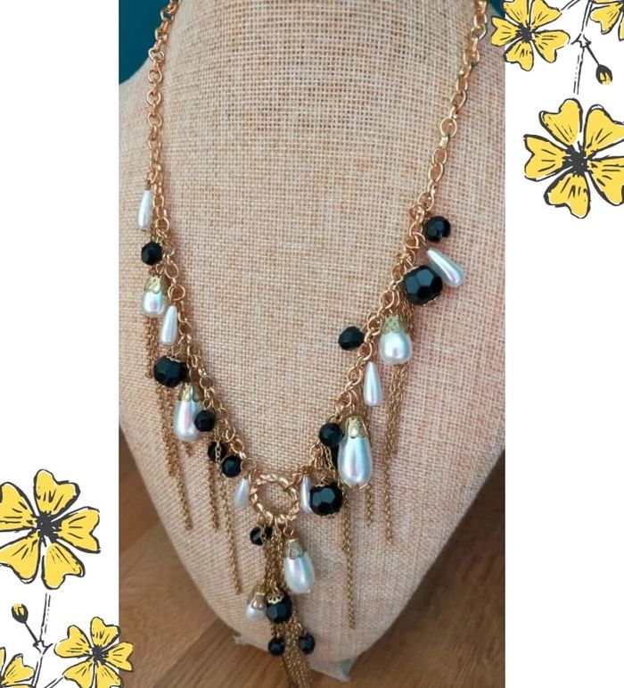 Collier chaîne dorée à pampilles noires & perles nacrées - photo numéro 2