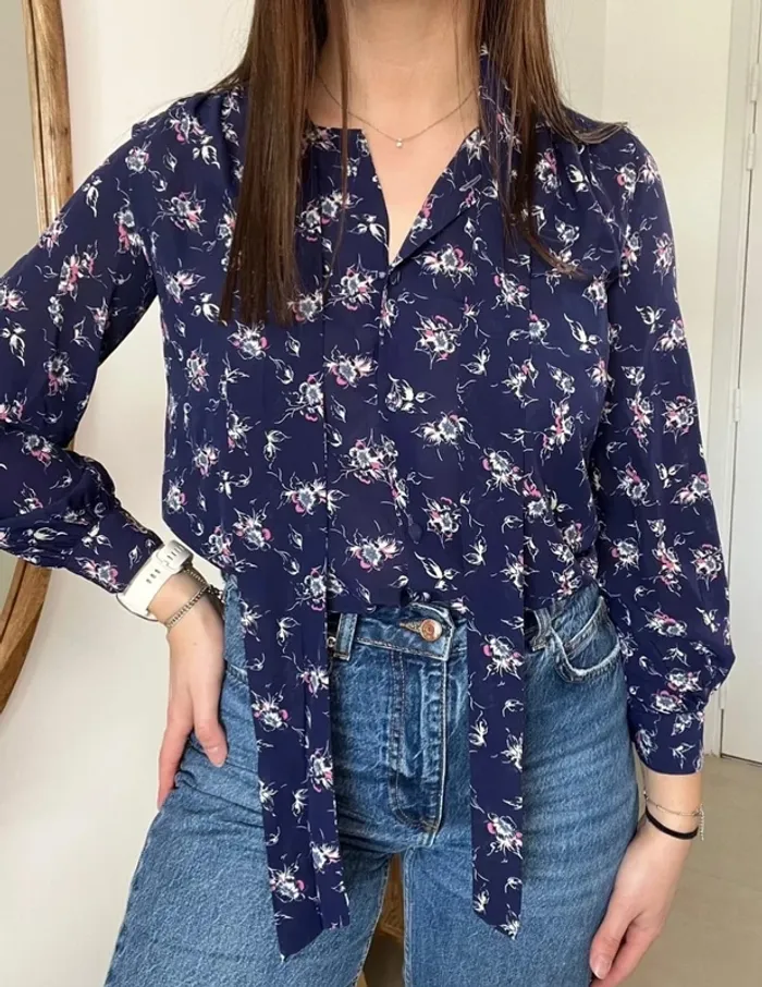Blouse fleurie bleue marine vintage japonaise